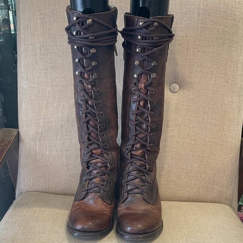 Freebirds Women's Tall Granny Lace-Up Brown Leather Riding Boots